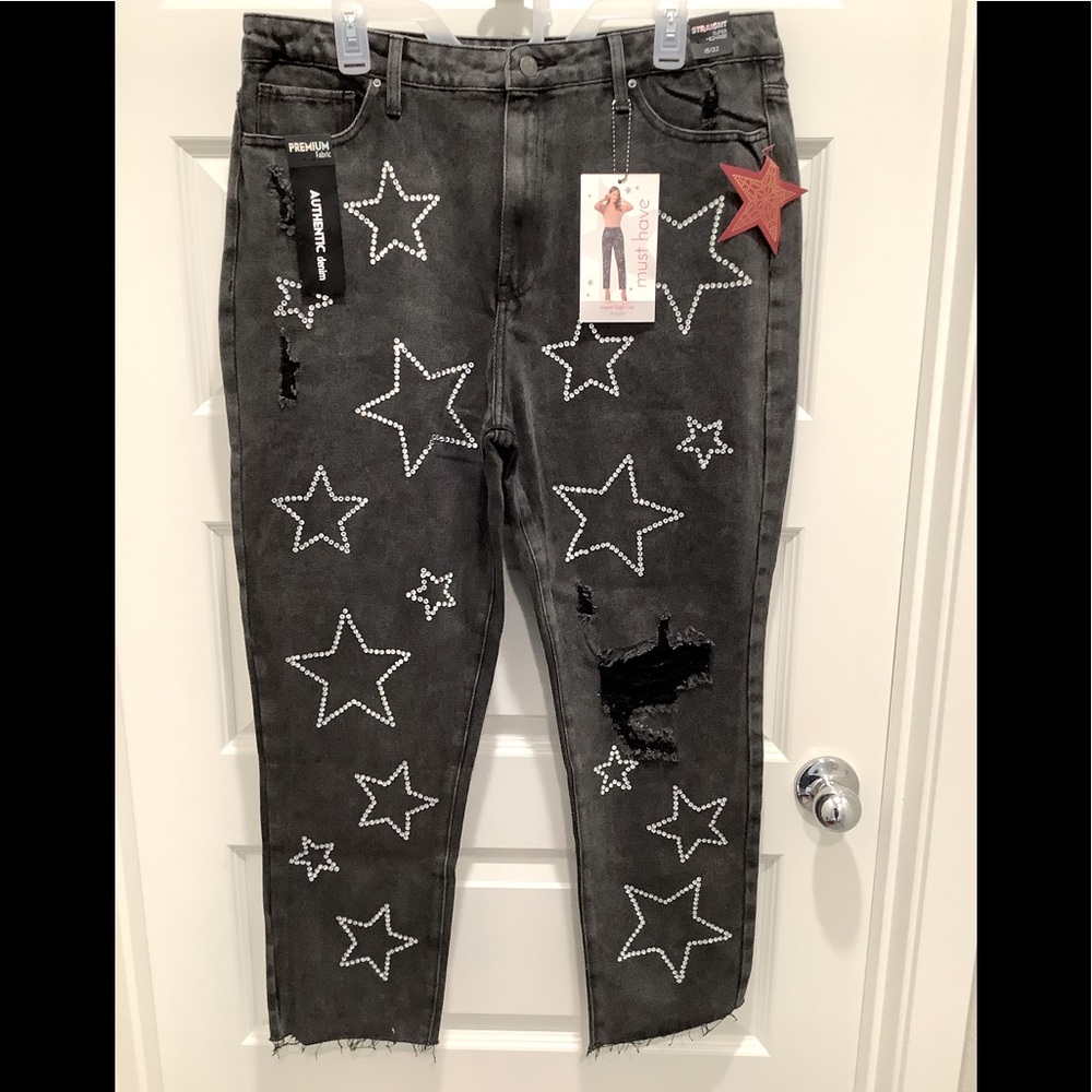 Juniors Straight Super High Rise Jeans With Rhinestones, Size 15